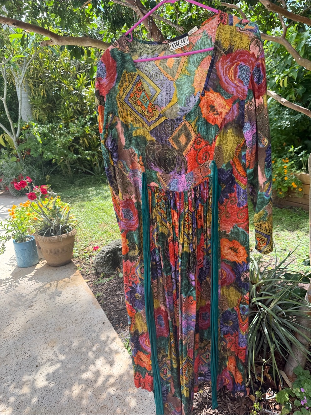 BILA 90s Vintage floral boho patchwork dress tie waist 100% rayon made in India